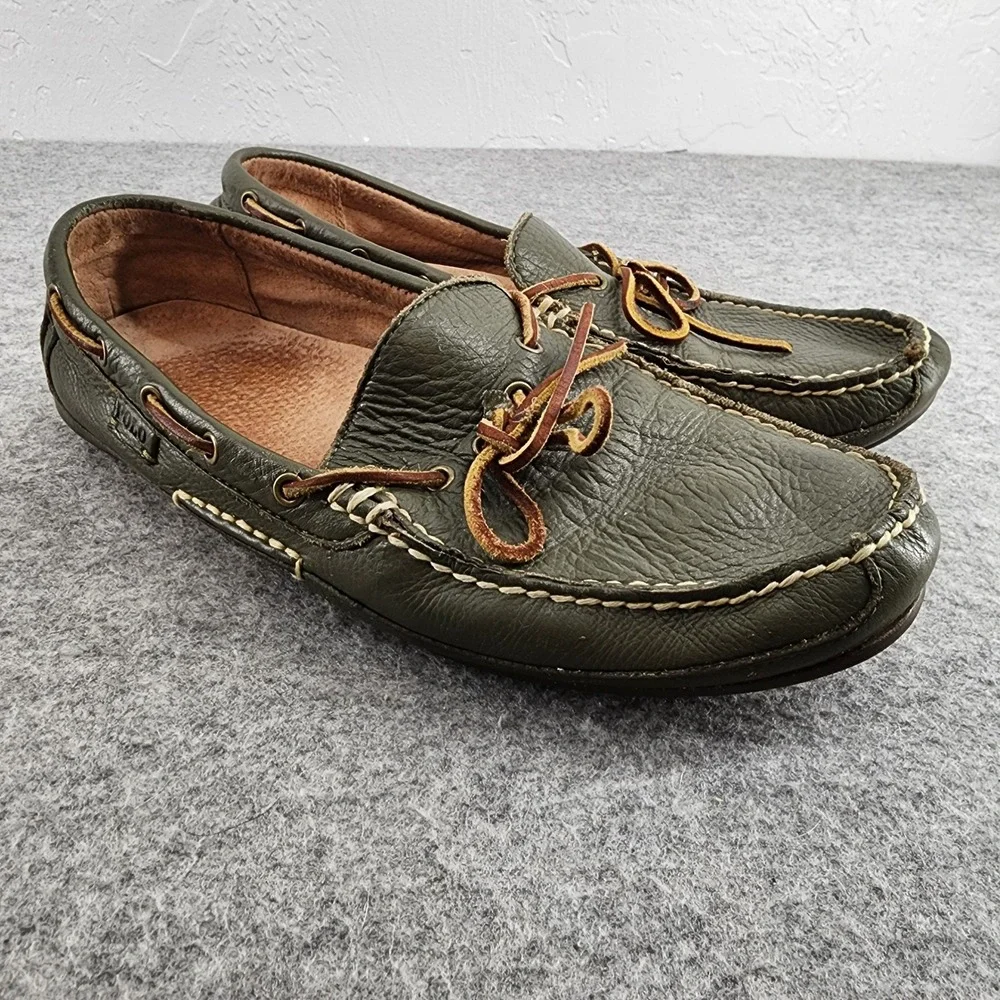 Polo Ralph Lauren Mens 10.5D Olive Green Leather Pebbled Driving Loafers Shoes